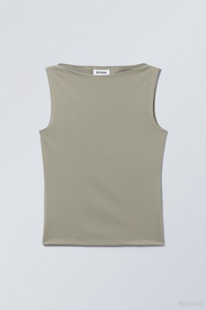 Weekday Annie Boatneck Bez Rękawów top Khaki | JUDM6023