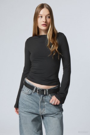 Weekday Annie Boatneck Long Sleeve Top Czarne | UNGE7151