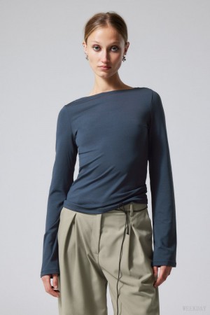 Weekday Annie Boatneck Long Sleeve Top Ciemny Niebieskie | PLFY8328
