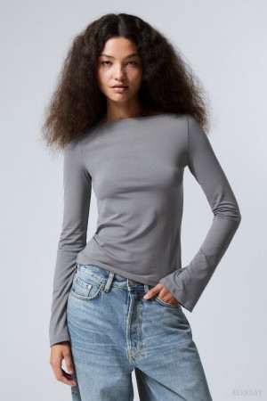 Weekday Annie Boatneck Long Sleeve Top Ciemny Szare | IRCN7339