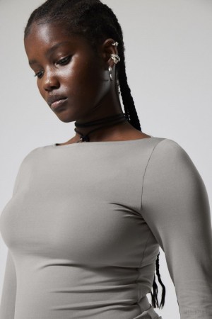 Weekday Annie Boatneck Long Sleeve Top Szare | OVIQ6452