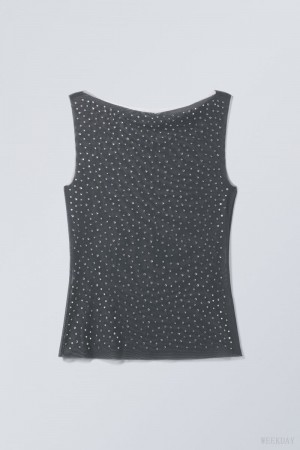 Weekday Annie Rhinestone Mesh Top Ciemny Szare | EZEZ2064