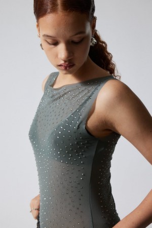 Weekday Annie Rhinestone Mesh Top Szare | QPNS9465