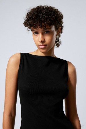 Weekday Annie Rib Boatneck Top Czarne | CQFJ8061
