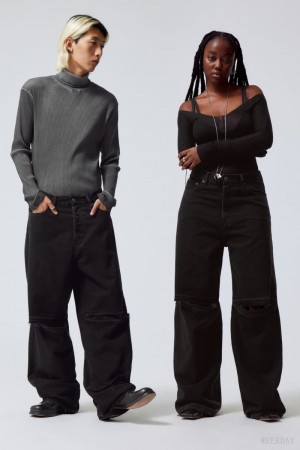 Weekday Astro Baggy Open Knee Jeans Czarne | PWOH0186