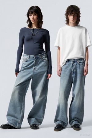Weekday Astro Loose Baggy Jeans Niebieskie | HXQK0650