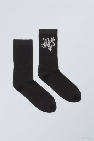 Weekday Bawełniane Rhinestone Socks Czarne | MGYC4561