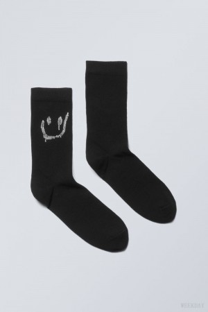 Weekday Bawełniane Rhinestone Socks Czarne | NHTL1552