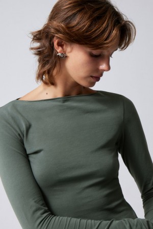 Weekday Boatneck Bawełniane Longsleeve Ciemny Szare | JSKR7187