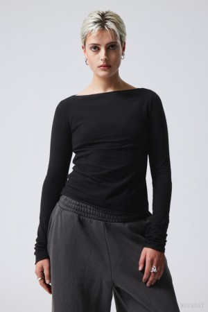 Weekday Boatneck Bawełniane Longsleeve Czarne | OIGZ5105