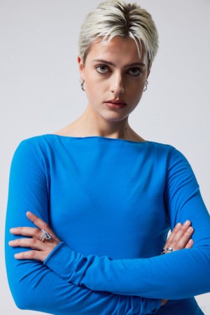 Weekday Boatneck Bawełniane Longsleeve Głęboka Niebieskie | KUHK1238