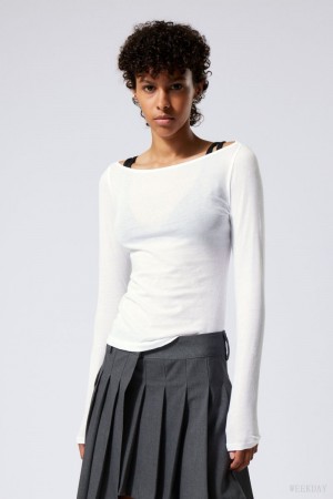 Weekday Boatneck Fitted Long Sleeve Top Białe | JYQP1250