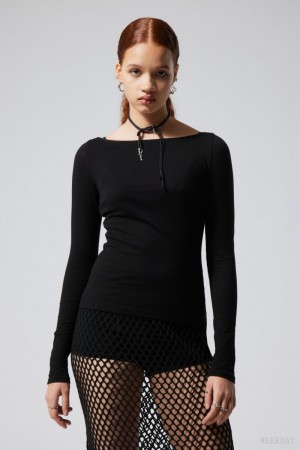 Weekday Boatneck Fitted Long Sleeve Top Czarne | IWWW2875