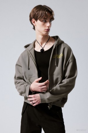 Weekday Boxy Grafiką Zip Hoodie Szare | ZUBP4682