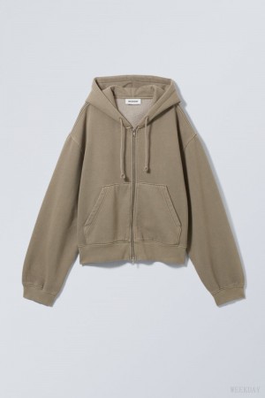 Weekday Boxy Heavyweight Zip Hoodie Dusty Mole | OOWQ1013