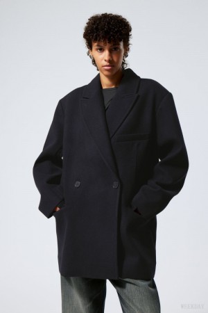 Weekday Carla Oversized Wełna Blend Jacket Granatowe | SKNI2922