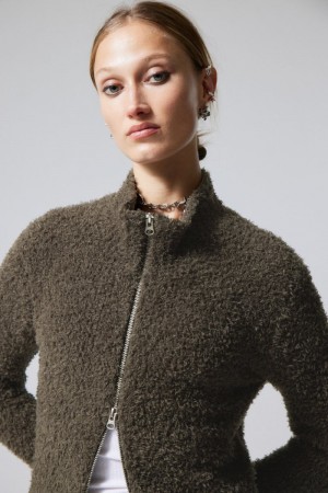 Weekday Carla Zip Hairy Cardigan Ciemny Khaki | NNKF8654