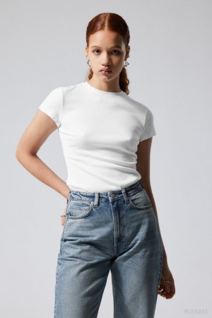 Weekday Close Fitted Rib T-Shirt Białe | WQHJ7471