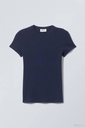 Weekday Close Fitted Rib T-Shirt Ciemny Niebieskie | RYZT3297