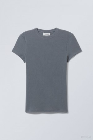 Weekday Close Fitted Rib T-Shirt Ciemny Szare | DWKX1667