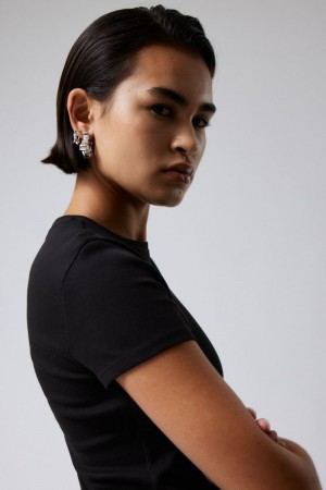Weekday Close Fitted Rib T-Shirt Czarne | FMDU4437