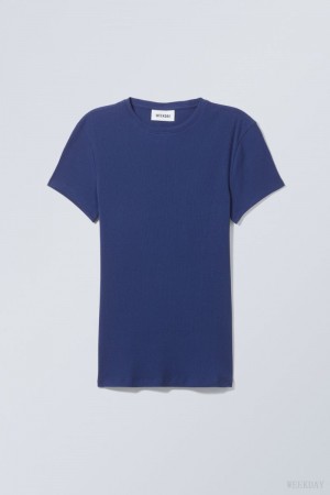 Weekday Close Fitted Rib T-Shirt Granatowe Niebieskie | WDTO4466