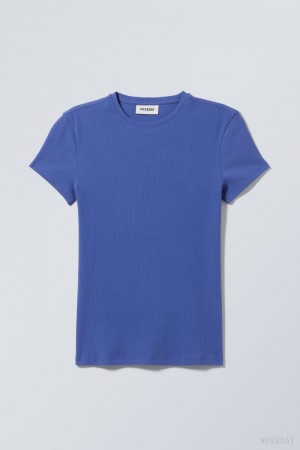 Weekday Close Fitted Rib T-Shirt Jasny Niebieskie | MAFQ2046