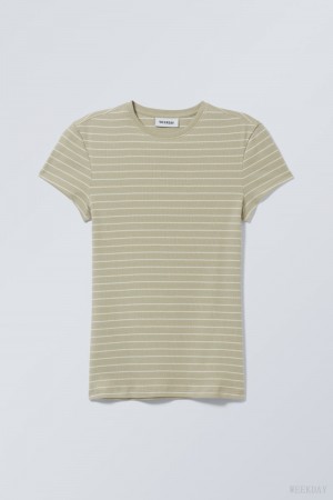 Weekday Close Fitted Rib T-Shirt Khaki | JYJR2513