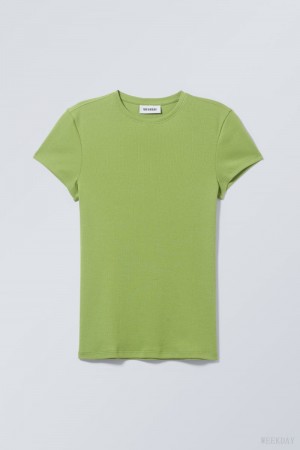 Weekday Close Fitted Rib T-Shirt Zielone | GQPQ5007