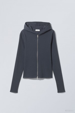 Weekday Cut Tight Zip Hoodie Ciemny Niebieskie | PNGH8197