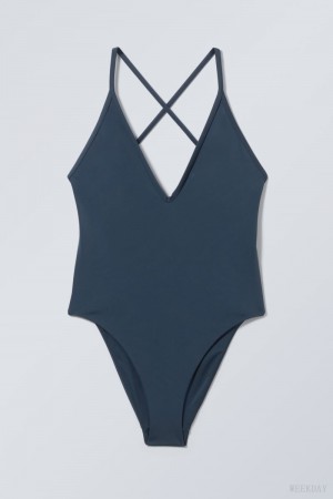 Weekday Deep V-neck Swimsuit Granatowe | DHCE2019
