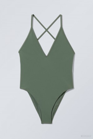 Weekday Deep V-neck Swimsuit Zielone | BNRM0779