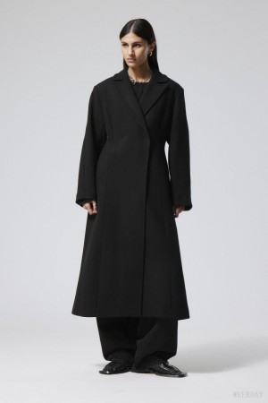 Weekday Delia Waisted Wełna Blend Coat Czarne | NUBJ9139