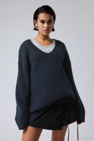 Weekday Eden Oversized Wełna Blend Swetry Granatowe | IKXA2635