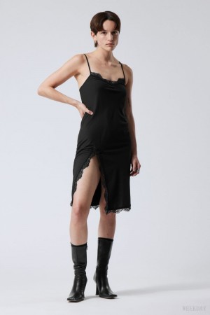 Weekday Effy Midi Slip Koronkowe Sukienki Czarne | QRGR0909