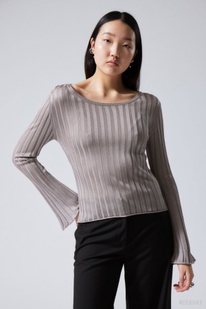 Weekday Enora Sheer Knit Long Sleeve Top Głęboka Szare | ZFDW0090