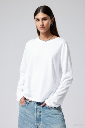 Weekday Essence Standard Long Sleeve Białe | MXJX4080
