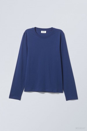 Weekday Essence Standard Long Sleeve Ciemny Niebieskie | YESO8155