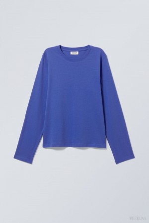 Weekday Essence Standard Long Sleeve Głęboka Niebieskie | QURY3026