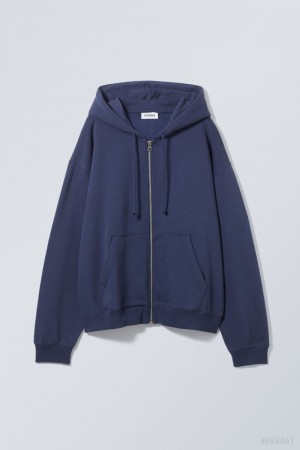 Weekday Essence Standard Zip Hoodie Ciemny Niebieskie | OBVD9614