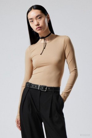 Weekday Fine Long sleeve Beżowe | XCKF7341