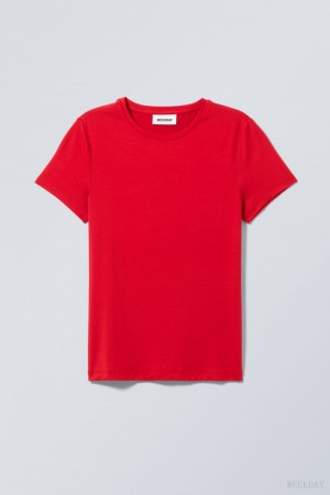 Weekday Fine T-shirt Głęboka Czerwone | RYAG6154