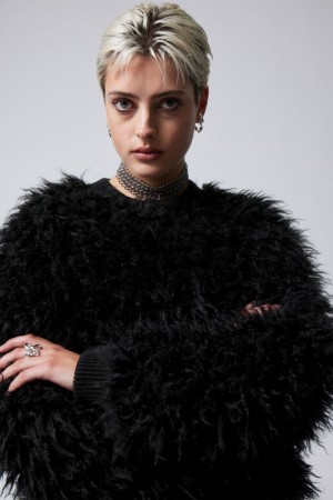 Weekday Fluffy Faux Fur Sweatshirt Czarne | POFA4236