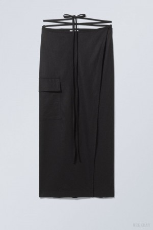 Weekday Fold Linen Mix Long Skirt Czarne | WIWJ0312