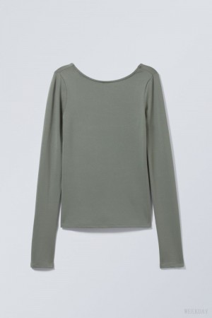 Weekday Gizem Open Back Long Sleeve Top Khaki Zielone | AQCT9330