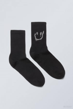 Weekday Grafiką Sportowe Sock Czarne | DFJH0693