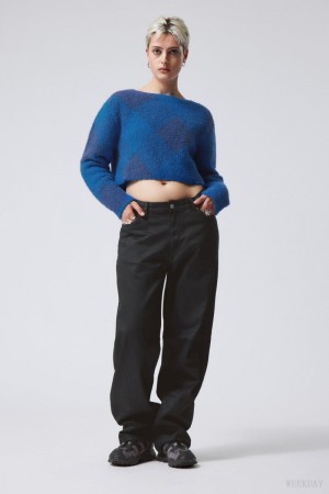 Weekday Hera Check Hairy Swetry Niebieskie | ZBGU9648