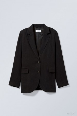 Weekday Isa Linen Mix Blazer Czarne | BIBQ1344