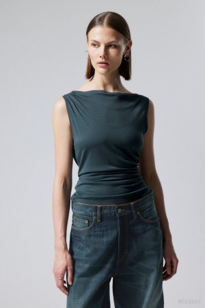 Weekday Joan Drape Top Ciemny Zielone | DPNV8233