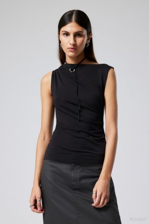Weekday Joan Drape Top Czarne | OGYG4416